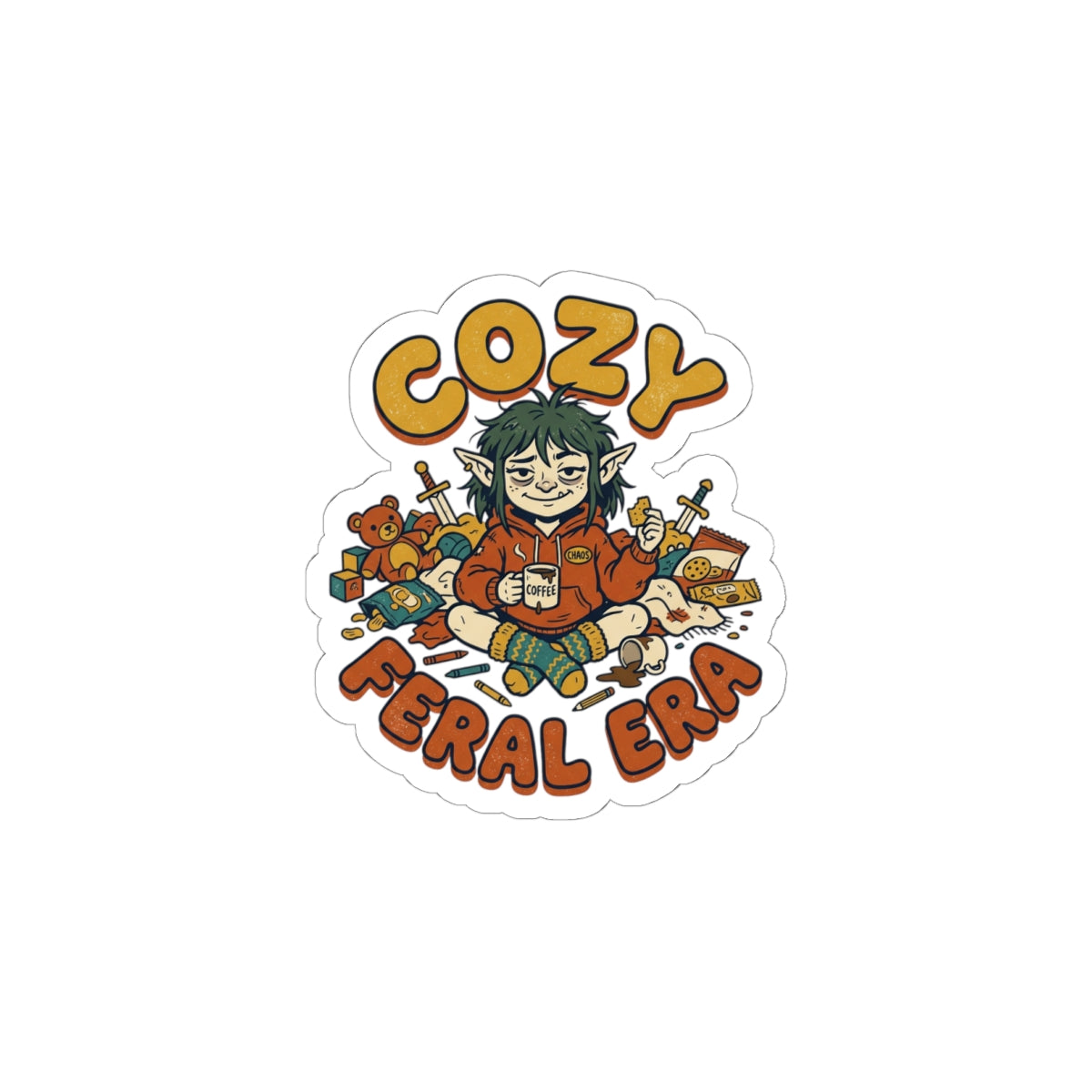 Cozy Feral Era Sticker | chaotic-cute vintage mascot, introvert