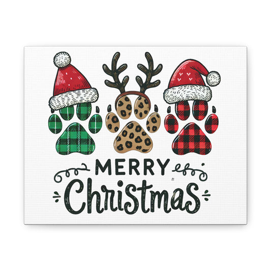 Canvas Gallery Wraps - Merry Christmas with Dog Paws Wall Art Print, Holiday Decor, Pet Lover Gift, Festive Home Decoration, Dog Paw Prints