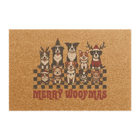 Outdoor Mat, Merry Woofmas Dog Breeds Welcome Rug, Holiday Pet Lover Decor, Christmas Gift, Seasonal Front Porch Decoration